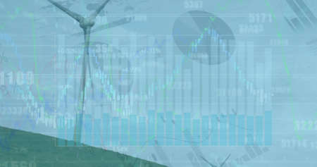Image of data processing over wind turbines. Global business and digital interface concept digitally generated image.の写真素材