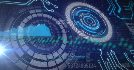 Image of processing circles and diverse data on navy background. Global data processing, finance and...