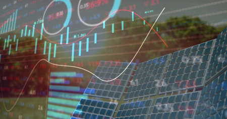 Image of data processing over solar panel and landscape. Global technology and digital interface concept digitally generated image.の写真素材