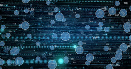 Image of blue icons and dots over black background. Connections, network, data processing and...