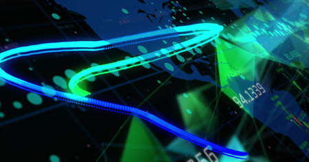 Image of shapes, graphs and lines over black background. Connections, network, data processing and...