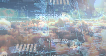 Image of data processing over clouds. Global business and digital interface concept digitally generated image.の写真素材