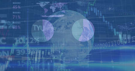 Image of globe and graphs and financial data over blue space. Business, finance, economy and...