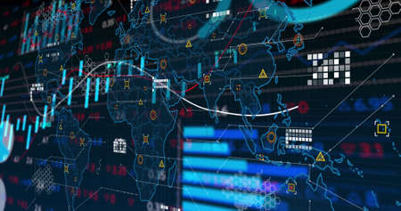 Image of financial data processing over world map. Global science, connections, data processing and...