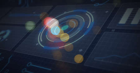 Image of blurred traffic lights over processing circle and dark space. Data processing, digital...