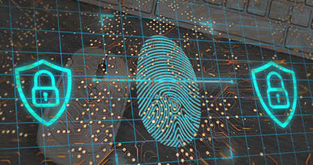 Image of binary coding data processing over grid on blue background. Social media and communication...
