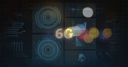 Image of blurred traffic lights over processing circle, 6g and dark space. Data processing, digital...