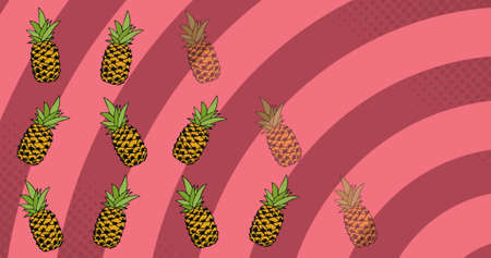 Image of pineapple repeated over pink striped background. nature, pattern, colour and movement...
