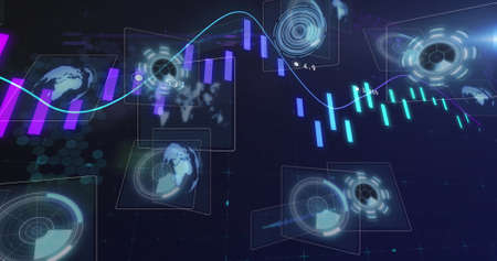 Image of data processing and moving screens. global connections, data processing and digital...