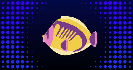 Image of fish over blue shapes on black background. nature, pattern, colour and movement concept...