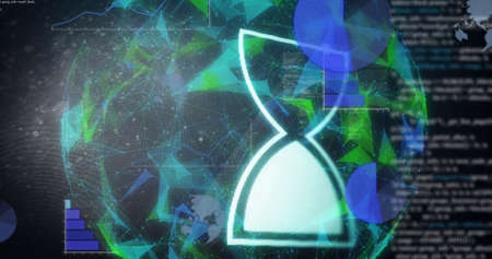 Image of loading hourglass icon and network of connections with globe. global networks, data...