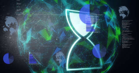 Image of loading hourglass icon and network of connections with globe. global networks, data...