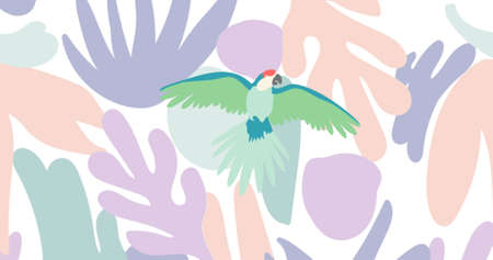 Image of green parrot over shapes on white background. nature, pattern, colour and movement concept...