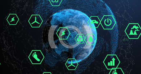 Image of ecology and green energy icons over globe of connections. global sustainability, ecology, climate change, networks, connections and digital interface concept digitally generated image.の写真素材