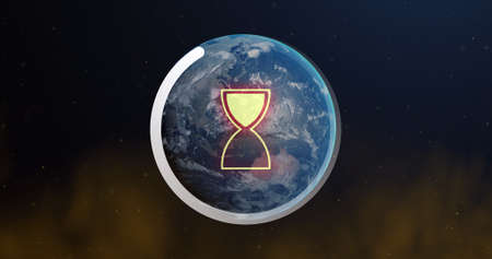 Image of loading hourglass and circle icon over globe. global networks, data processing, connections...