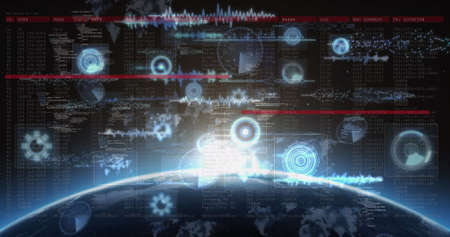 Image of data processing on screen and scopes scanning over planet earth. data processing and...