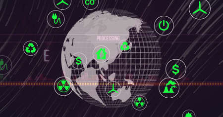 Image of ecology and green energy icons over globe. global sustainability, ecology, climate change,...