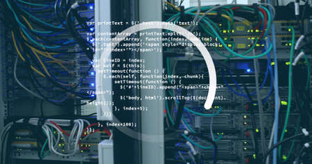 Image of loading ring over data processing and server room. global business, data processing,...