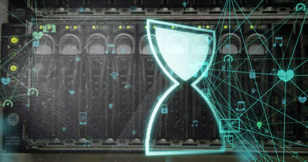 Image of egg timer over network of connections and server room. global business, data processing,...