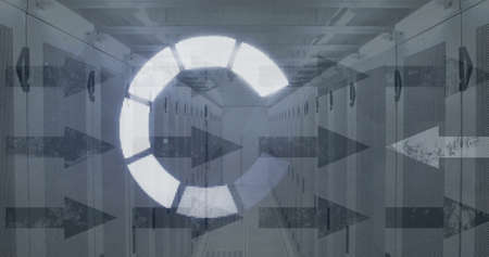 Image of loading ring over arrows and server room. global business, data processing, connections and...