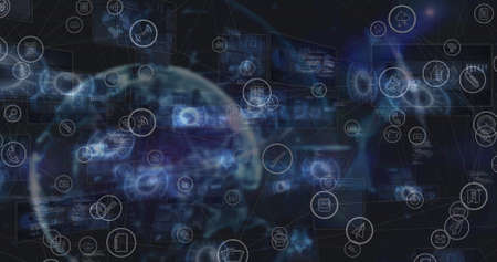 Image of statistics processing and social media icons over scopes scanning. global business,...