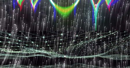 Image of data processing over light trails on black background. social media and communication...