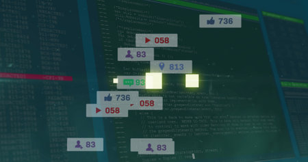 Image of data processing and media icons on black background. global business, data processing,...
