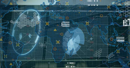 Image of digital interface with scan scoping and world map over dark background. Global science,...