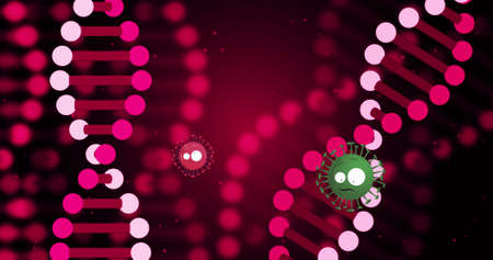 Image of dna strand and virus cells over pink background. Global medicine and digital interface...
