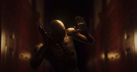 Image of human like monster in dark tunnel being stunned. Horror, fright, image games and science...
