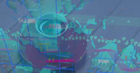 Image of graph and data processing over world map and coffee cup on desk. Global communication, data...