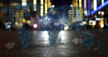 Image of world map with data processing over pedestrians on city street at night. Global...