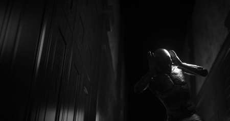 Image of human like monster in dark tunnel being stunned. Horror, fright, image games and science fiction concept digitally generated image.の写真素材