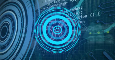 Image of digital interface with scan scoping over dark background. Global science, connections, data...