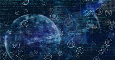 Image of network of connections with icons over globe. Global connections, data processing and...