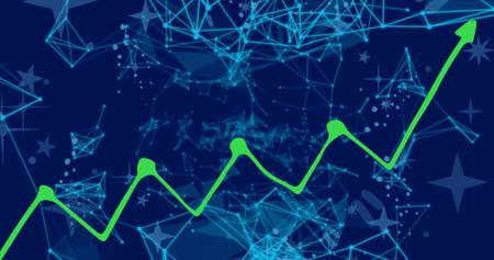 Image of green graph and stars and communication networks on blue background. Global communication,...