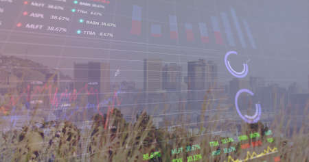 Image of financial graph and data processing over cityscape. Global business, finances, data processing and digital interface concept digitally generated image.の写真素材