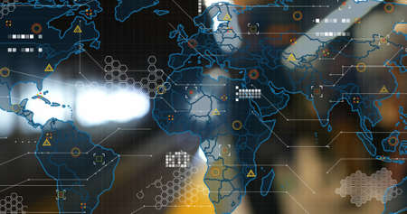 Image of world map with data processing over underground train arriving at metro station. Global...