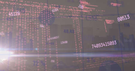 Image of data processing over cityscape. Global science, connections, data processing and digital...