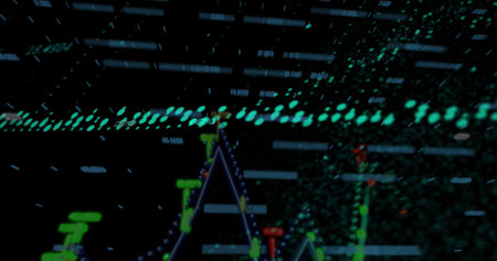 Image of data processing and statistics on dark background. Global technology computing and digital...