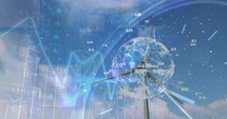 Image of financial data processing with globe over wind turbine and sky with clouds. Global ecology,...