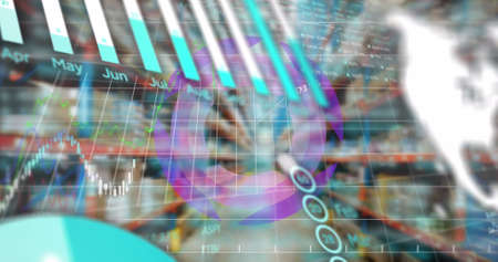 Image of graph, charts, globe and data processing over warehouse interior. Global communication,...