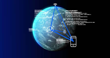 Image of globe, shapes and data processing on navy background. Global network, connections,...