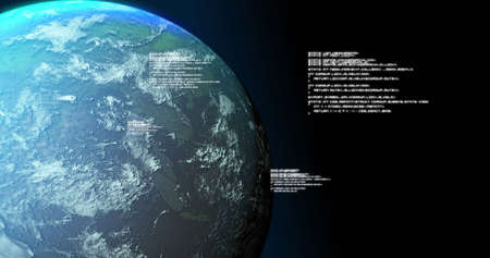 Image of globe and data processing on black background. Global network, connections, communication...