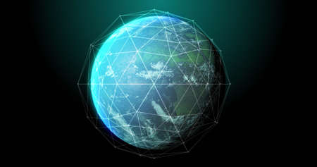 Image of globe, connections and data processing on black background. Global network, connections, communication and technology concept digitally generated image.の写真素材
