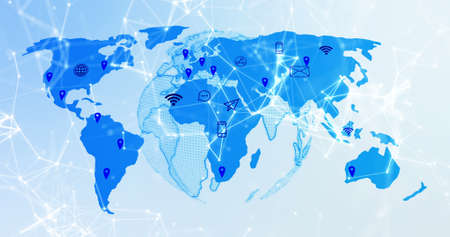 Image of world map with location marks and tech icons on light blue background. Global network,...