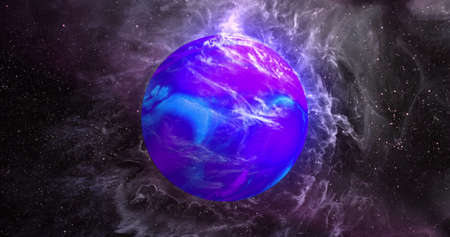 Image of blue planet in violet galaxy. Astronomy, cosmos, universe and space exploration concept digitally generated image.の写真素材