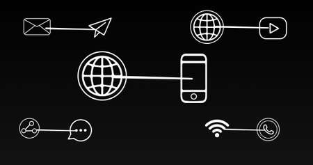Image of smartphone and connections with tech icons on black background. Global network, connections, communication and technology concept digitally generated image.の写真素材