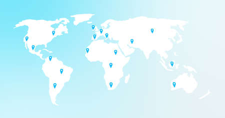 Image of world map with location marks on blue background. Global network, connections,...