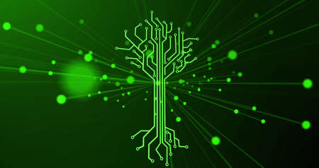 Image of integrated circuit and digital tree on green background. Computers, connections, hardware...